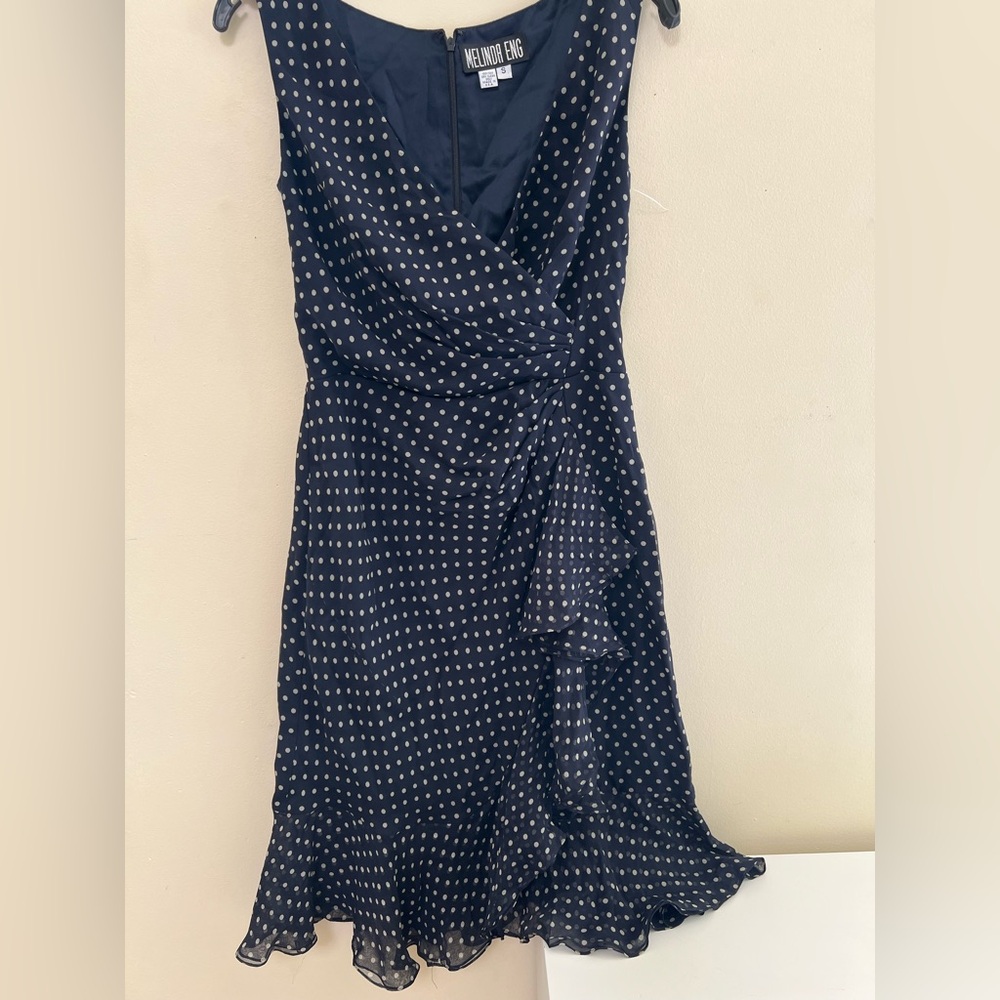 Melinda Eng Blue and white polka dotted Ruffled Tiered Midi Dress with scarf - Picture 3 of 11